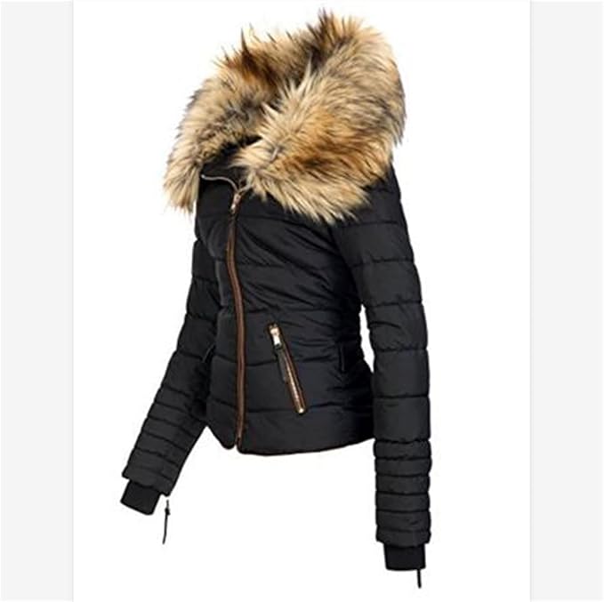 DGHM-JLMY Women's Oblique Zipper Warm Coat Hooded Thicken Quilted Puffer Jacket Warm Parka Full Zip Coat With Faux Fur Collar