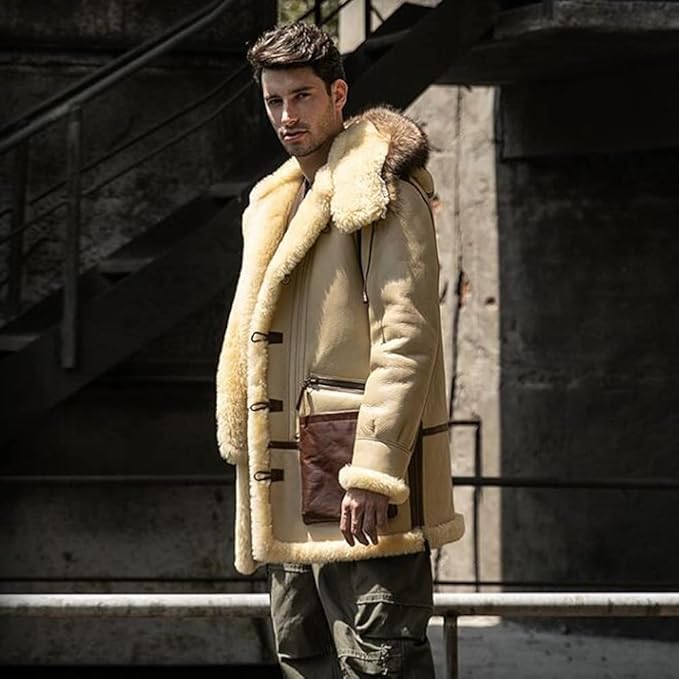 Denny&Dora Men's Shearling Jacket Ivory Yellow Leather Jacket Hood Thick Warm Winter Sheepskin Coat