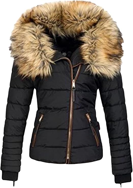 DGHM-JLMY Women's Oblique Zipper Warm Coat Hooded Thicken Quilted Puffer Jacket Warm Parka Full Zip Coat With Faux Fur Collar