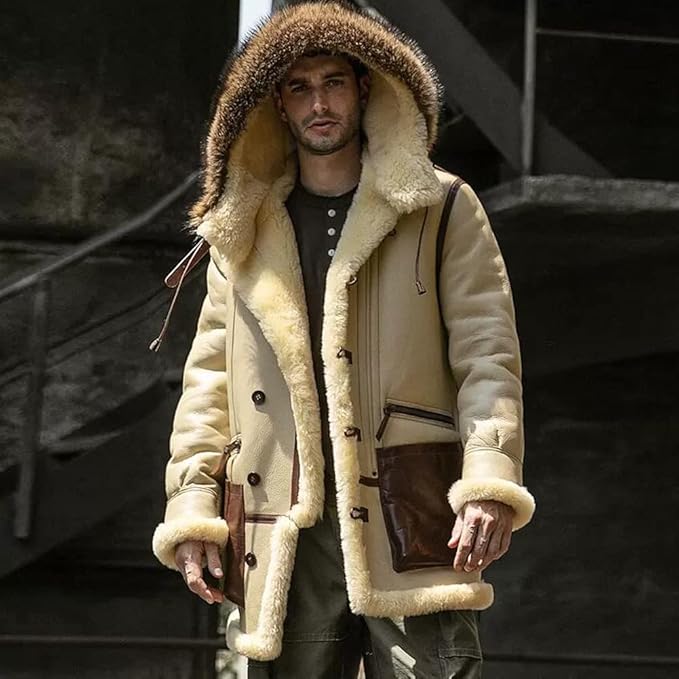 Denny&Dora Men's Shearling Jacket Ivory Yellow Leather Jacket Hood Thick Warm Winter Sheepskin Coat