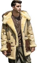 Denny&Dora Men's Shearling Jacket Ivory Yellow Leather Jacket Hood Thick Warm Winter Sheepskin Coat