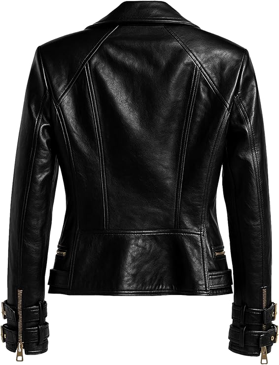 Womens Lambskin Leather Jacket Stylish Biker Racer Motorcycle Riding Asymmetrical Black Real Leather Jacket