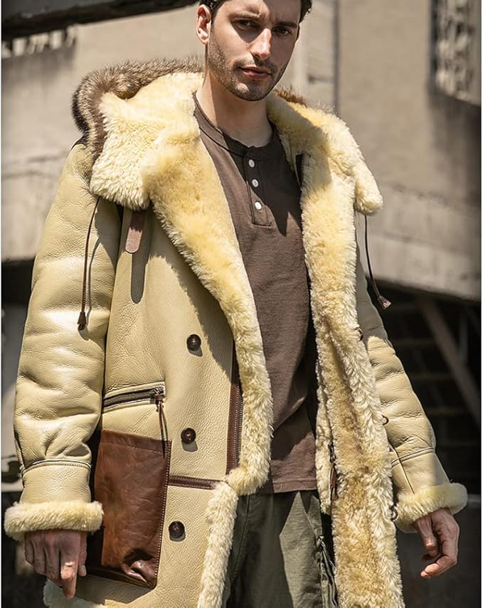 Denny&Dora Men's Shearling Jacket Ivory Yellow Leather Jacket Hood Thick Warm Winter Sheepskin Coat