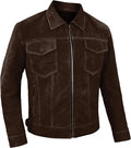 Men's Suede Casual Fashion Trucker Jacket - Dark Brown Western Cowboy Suede Shirt Collar Leather Jacket