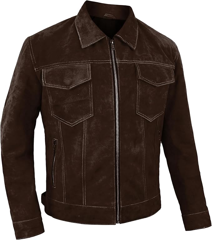 Men's Suede Casual Fashion Trucker Jacket - Dark Brown Western Cowboy Suede Shirt Collar Leather Jacket