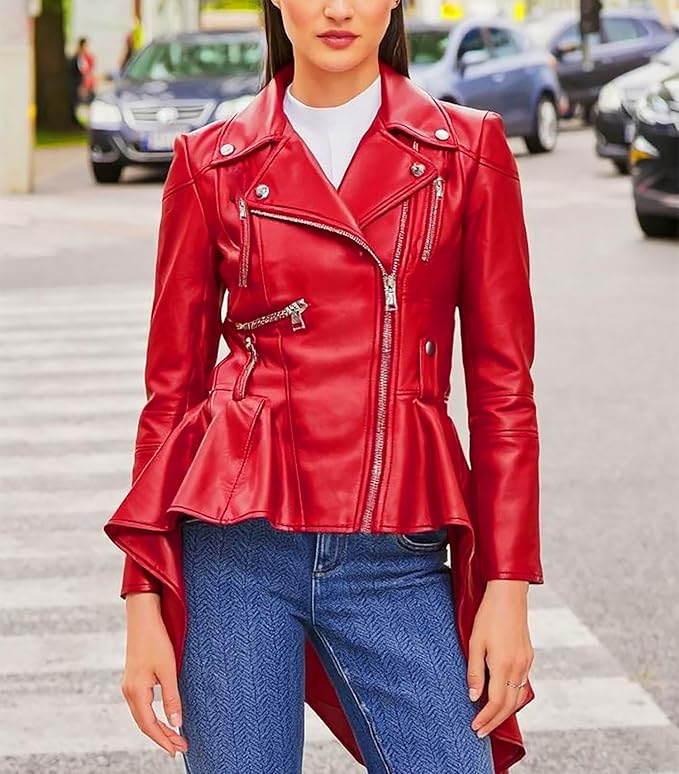 Women Leather Peplum Jacket Real Lambskin Leather Biker Motorcycle Jacket & Coats For Women