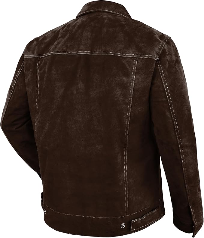 Men's Suede Casual Fashion Trucker Jacket - Dark Brown Western Cowboy Suede Shirt Collar Leather Jacket