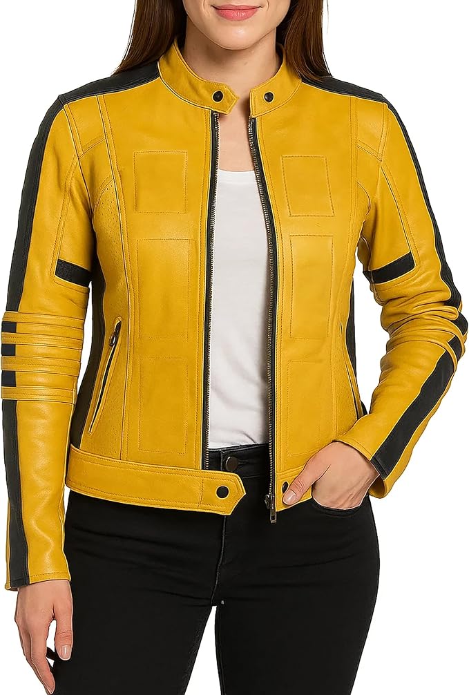 Women's Cosplay Yellow Leather Biker Jacket - Full Costume for Halloween Parties