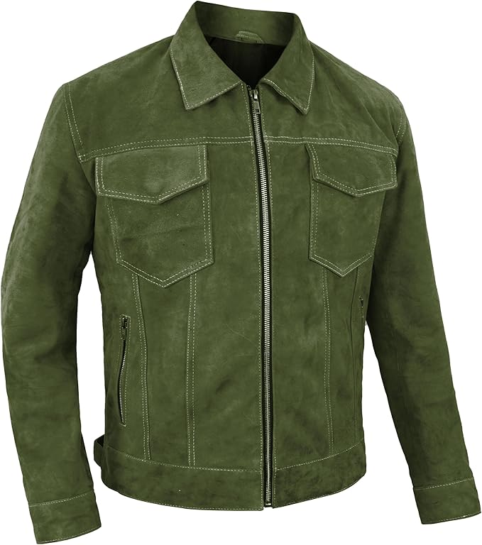 Men's Suede Casual Fashion Trucker Jacket - Dark Brown Western Cowboy Suede Shirt Collar Leather Jacket