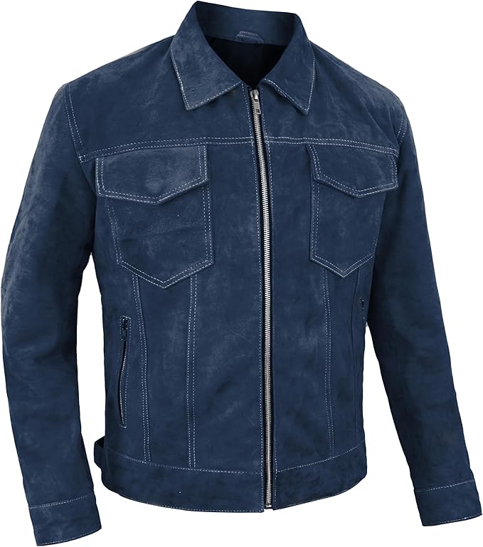 Men's Suede Casual Fashion Trucker Jacket - Dark Brown Western Cowboy Suede Shirt Collar Leather Jacket