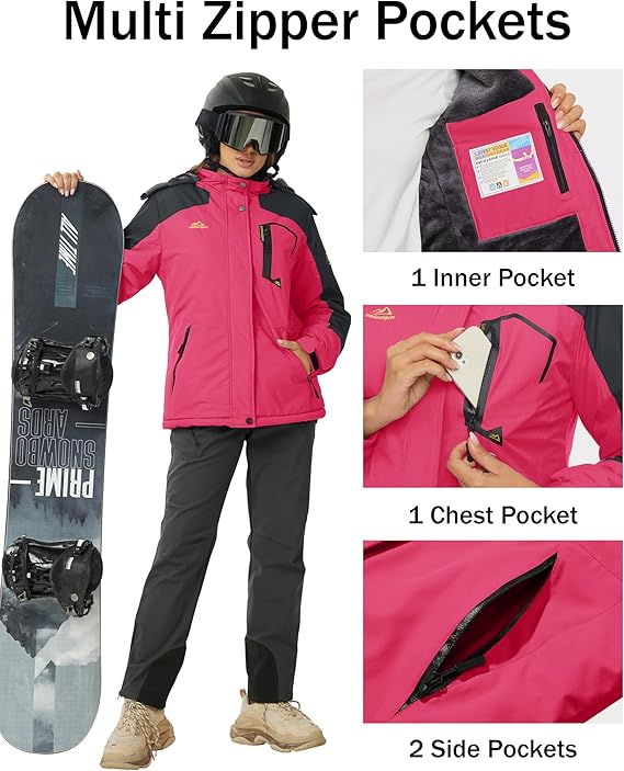 MAGCOMSEN Women's Winter Coats Waterproof Ski Snow Jacket Warm Fleece Jacket Raincoats with Pockets