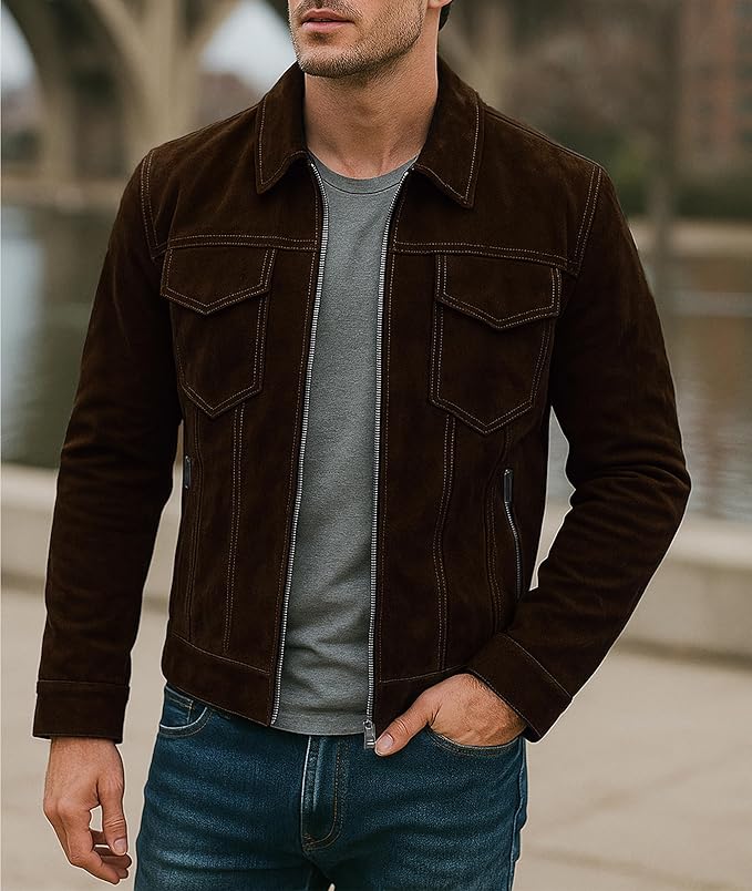 Men's Suede Casual Fashion Trucker Jacket - Dark Brown Western Cowboy Suede Shirt Collar Leather Jacket