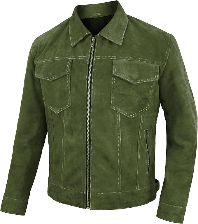 Men's Suede Casual Fashion Trucker Jacket - Dark Brown Western Cowboy Suede Shirt Collar Leather Jacket