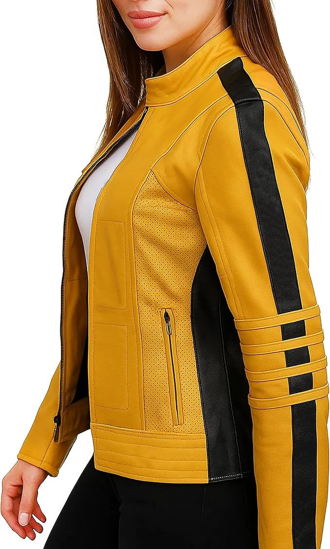Women's Cosplay Yellow Leather Biker Jacket - Full Costume for Halloween Parties