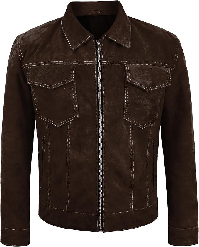Men's Suede Casual Fashion Trucker Jacket - Dark Brown Western Cowboy Suede Shirt Collar Leather Jacket