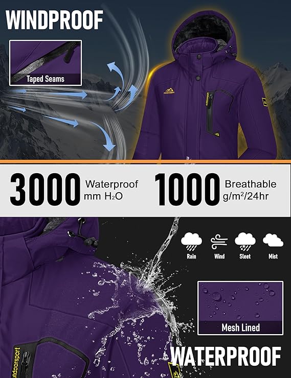 MAGCOMSEN Women's Winter Coats Waterproof Ski Snow Jacket Warm Fleece Jacket Raincoats with Pockets