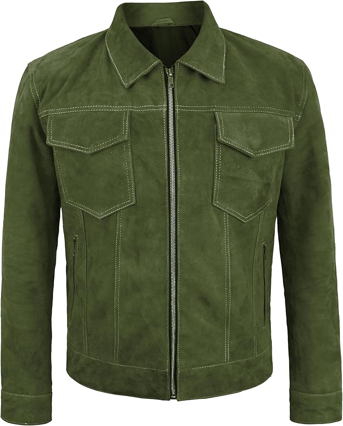 Men's Suede Casual Fashion Trucker Jacket - Dark Brown Western Cowboy Suede Shirt Collar Leather Jacket
